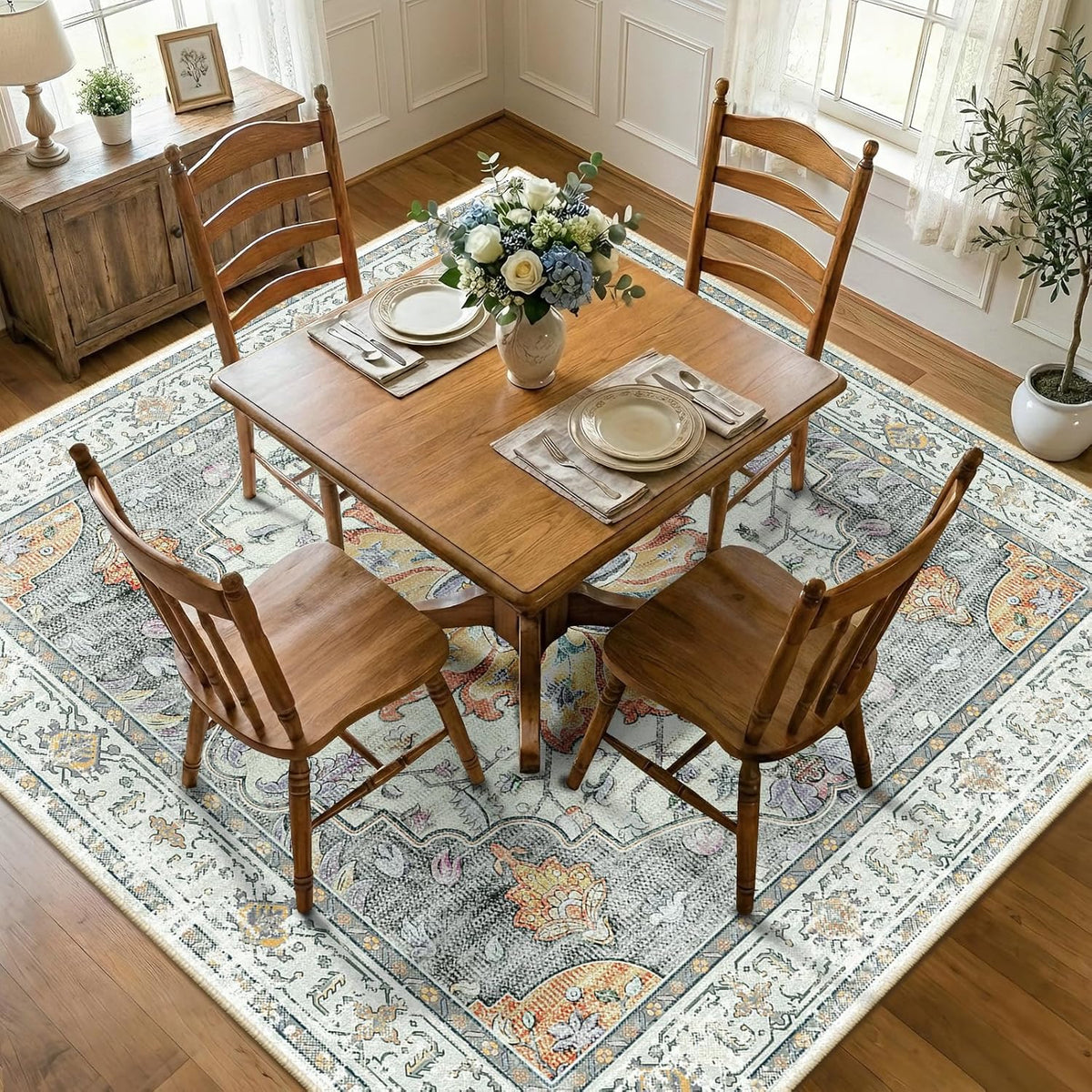RELEANY Washable Area Rug, Round 10ft, Beige/Blue/Orange