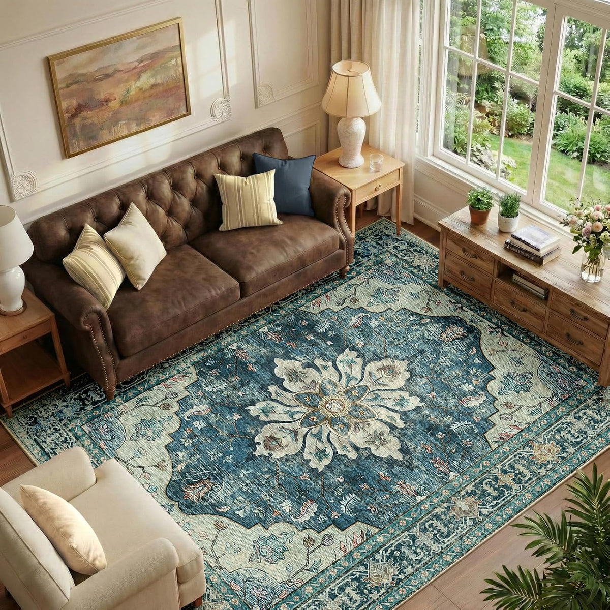 RELEANY Washable Area Rug, Round 10ft, Beige/Blue/Orange