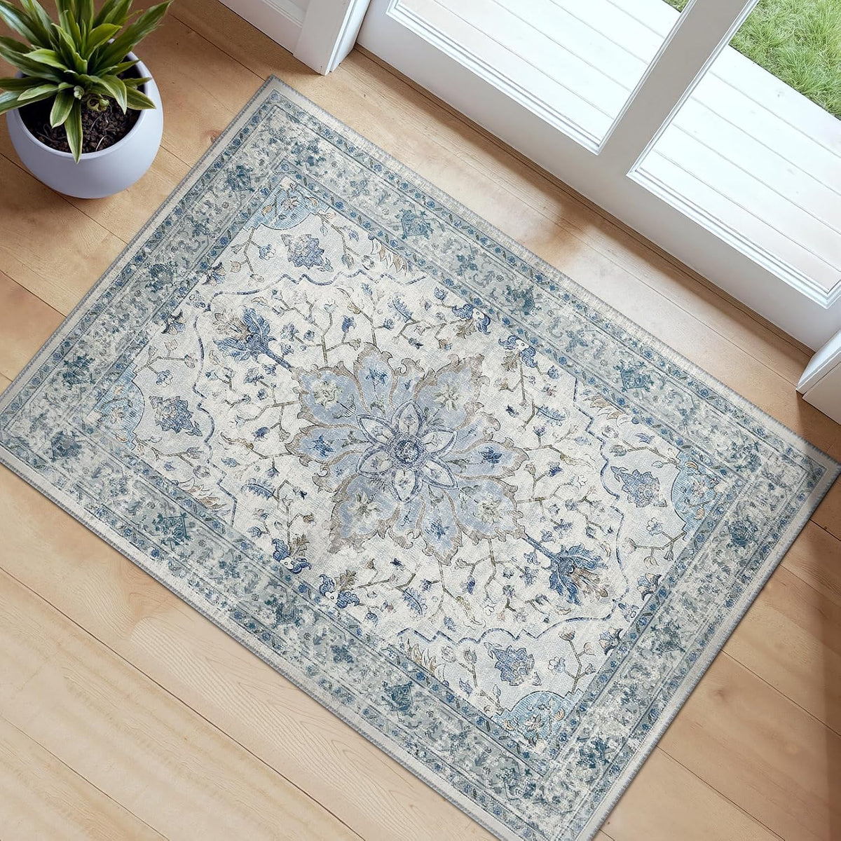 RELEANY Washable Area Rug, Round 10ft, Beige/Blue/Orange