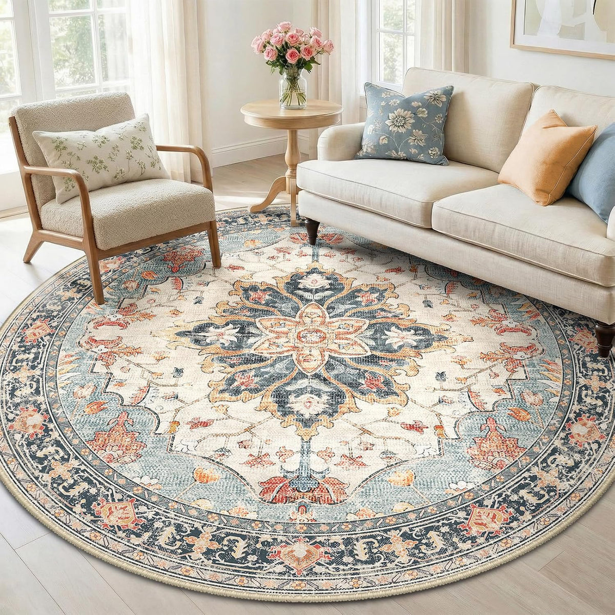 RELEANY Washable Area Rug, Round 10ft, Beige/Blue/Orange