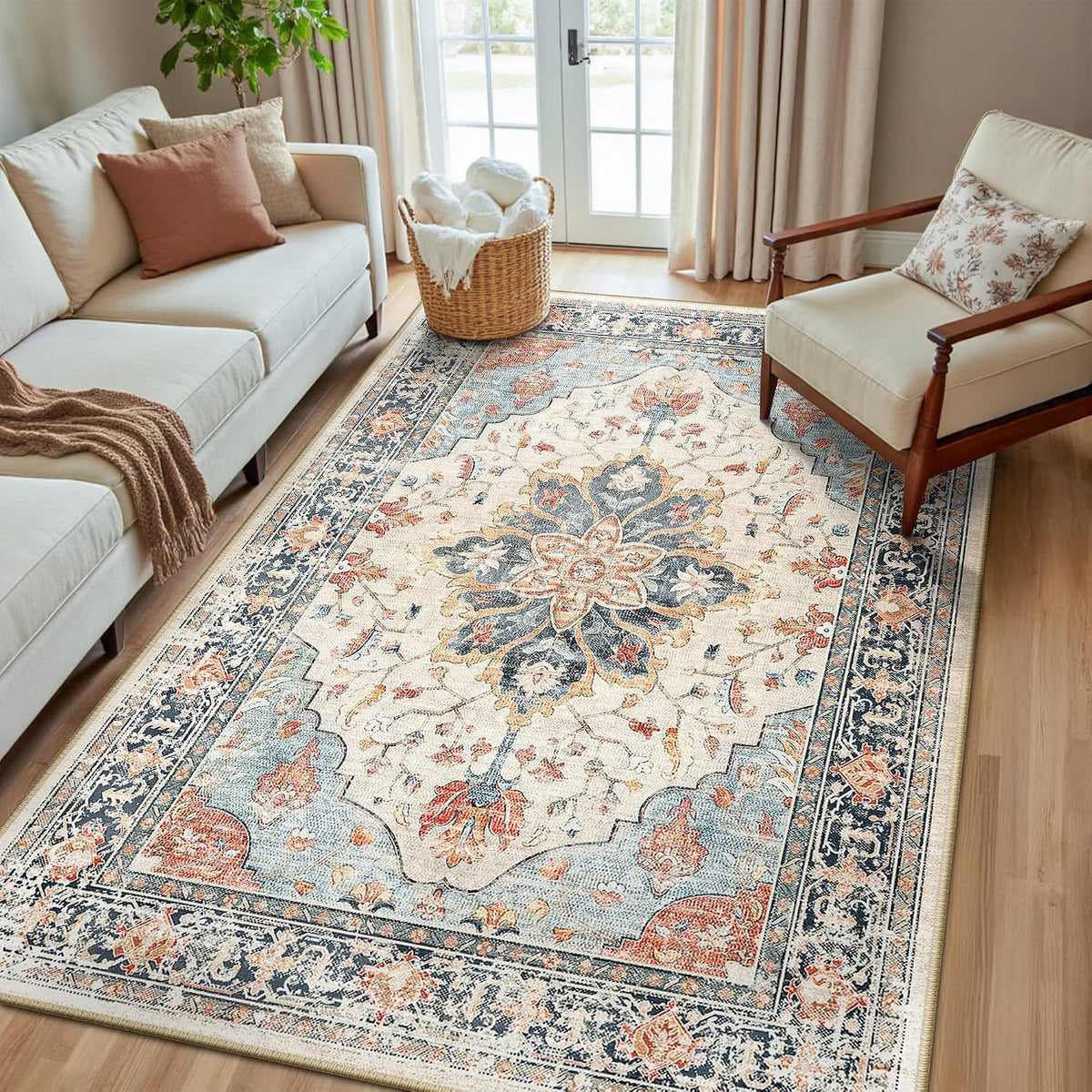 RELEANY Washable Area Rug, Round 10ft, Beige/Blue/Orange