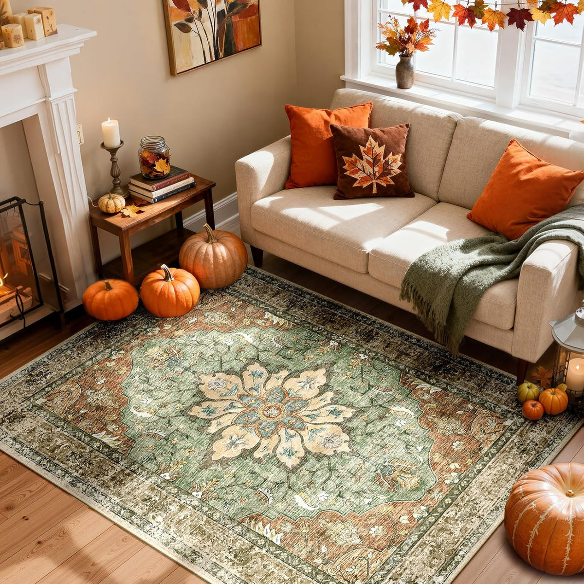 RELEANY Washable Area Rug, Round 10ft, Beige/Blue/Orange